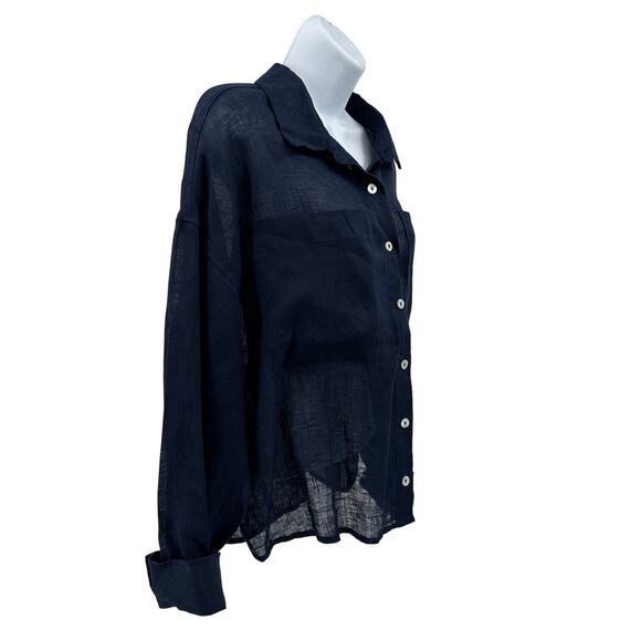 Cynthia Rowley 100% Linen Shirt WMNS L Blue Navy Long Sleeve Button Front Sheer - Picture 3 of 9